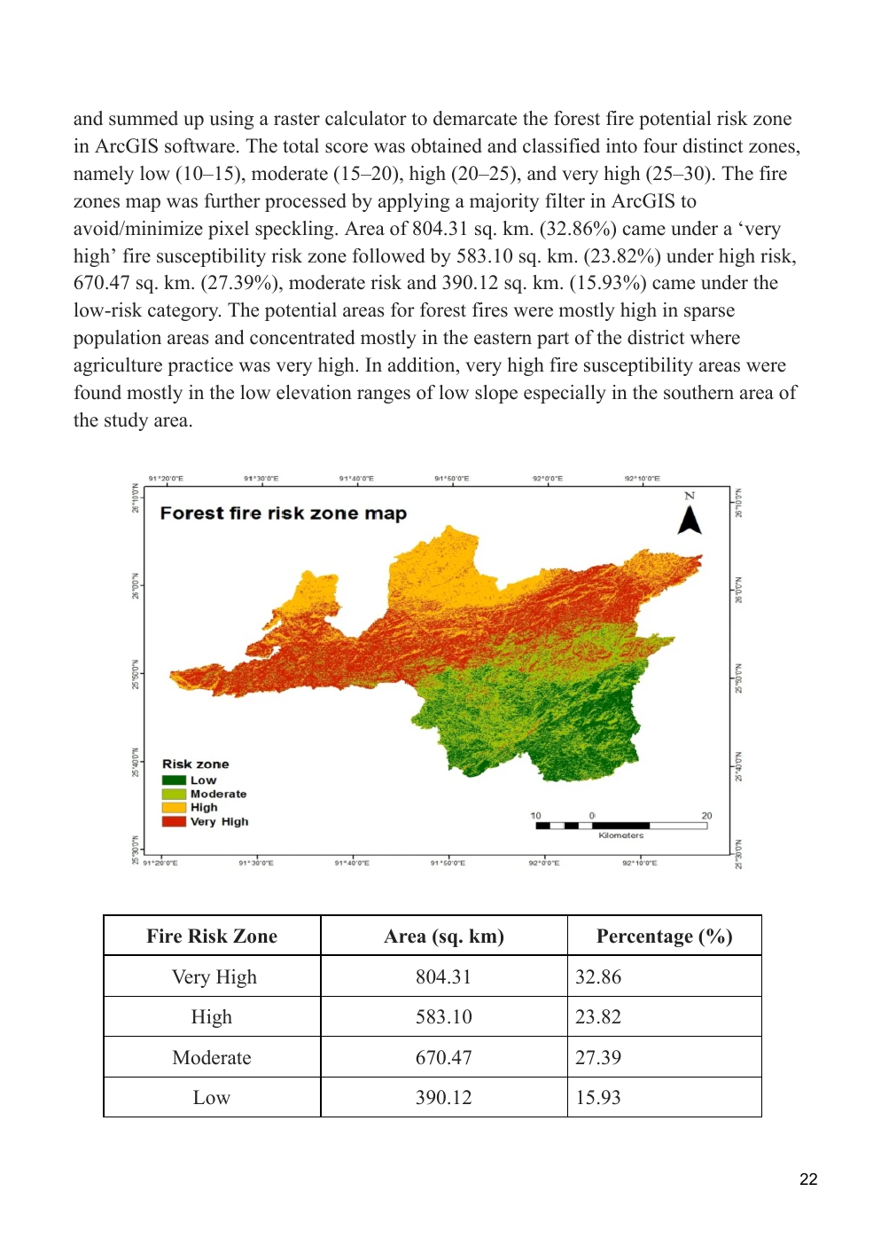 Forest fire risk zone map for Clarence Valley with area statistics