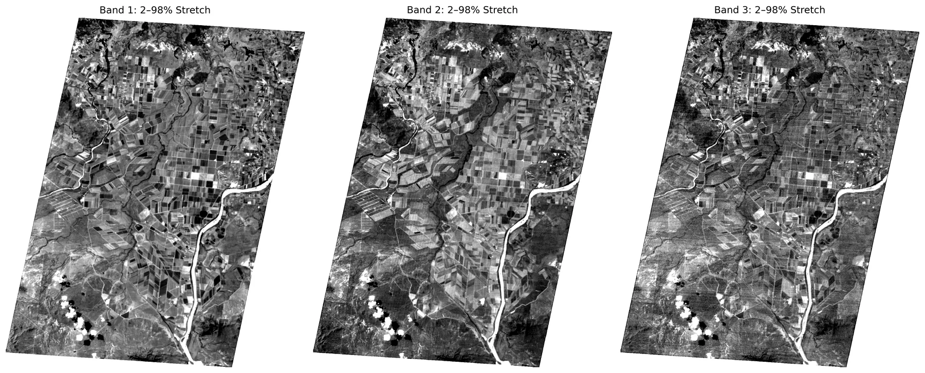 Three stretched satellite-image bands shown side by side for QA and QC inspection