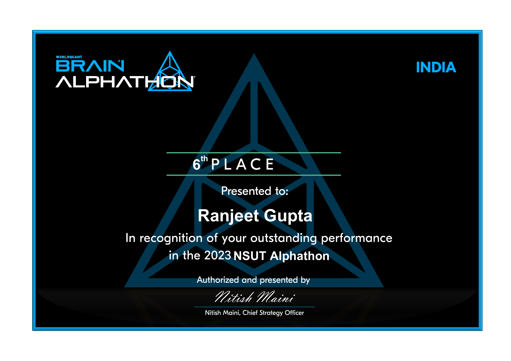 WorldQuant Brain certificate awarding Ranjeet Gupta sixth place in the 2023 NSUT Alphathon